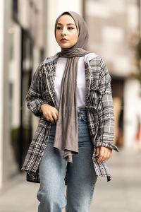 Modalamelif Kapüşonlu Tek Cep Detaylı Oduncu Ekose Pötikare Gri