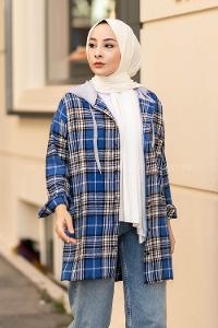 Modalamelif Kapüşonlu Tek Cep Detaylı Oduncu Ekose Pötikare İndigo