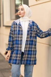 Modalamelif Kapüşonlu Tek Cep Detaylı Oduncu Ekose Pötikare İndigo
