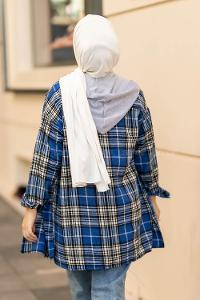 Modalamelif Kapüşonlu Tek Cep Detaylı Oduncu Ekose Pötikare İndigo