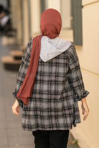 Modalamelif Kapüşonlu Tek Cep Detaylı Oduncu Ekose Pötikare Siyah-Antrasit