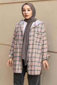 Modalamelif Kapüşonlu Tek Cep Detaylı Oduncu Ekose Pötikare Turuncu