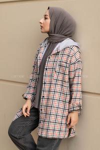 Modalamelif Kapüşonlu Tek Cep Detaylı Oduncu Ekose Pötikare Turuncu