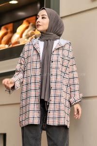 Modalamelif Kapüşonlu Tek Cep Detaylı Oduncu Ekose Pötikare Turuncu