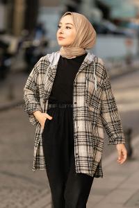 Modalamelif Kapüşonlu Tek Cep Detaylı Oduncu Ekose Pötikare Vizonrengi