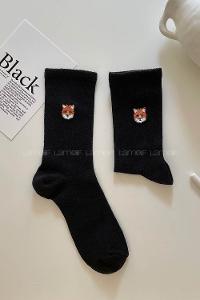 Modalamelif Koca Tilki Nakış İşlemeli Tenis Çorap Siyah