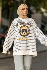 Modalamelif Mıchıgan Yazı Baskılı Çizgi Desenli Sweat Beyaz-Mavi