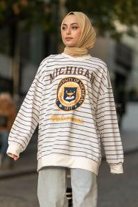 Modalamelif Mıchıgan Yazı Baskılı Çizgi Desenli Sweat Beyaz-Mavi
