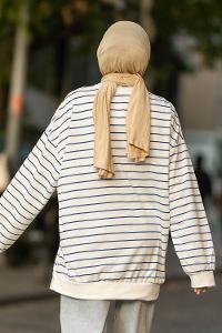 Modalamelif Mıchıgan Yazı Baskılı Çizgi Desenli Sweat Beyaz-Mavi