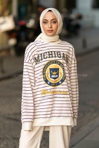 Modalamelif Mıchıgan Yazı Baskılı Çizgi Desenli Sweat Beyaz-Mor