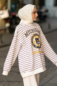 Modalamelif Mıchıgan Yazı Baskılı Çizgi Desenli Sweat Beyaz-Mor