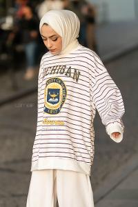 Modalamelif Mıchıgan Yazı Baskılı Çizgi Desenli Sweat Beyaz-Mor