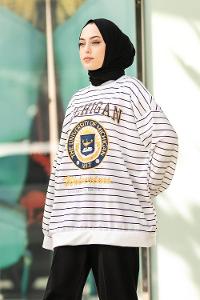 Modalamelif Mıchıgan Yazı Baskılı Çizgi Desenli Sweat Beyaz-Siyah