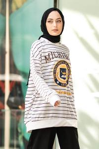 Modalamelif Mıchıgan Yazı Baskılı Çizgi Desenli Sweat Beyaz-Siyah