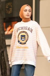 Modalamelif Mıchıgan Yazı Baskılı Çizgi Desenli Sweat Beyaz-Turuncu