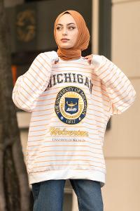 Modalamelif Mıchıgan Yazı Baskılı Çizgi Desenli Sweat Beyaz-Turuncu