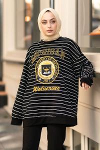 Modalamelif Mıchıgan Yazı Baskılı Çizgi Desenli Sweat Siyah-Beyaz