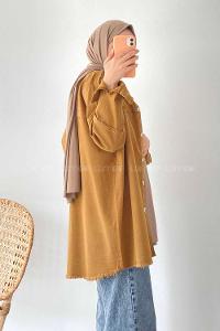 Modalamelif Önü Düğmeli Püskül Detaylı Yıkamalı Gömlek Camel