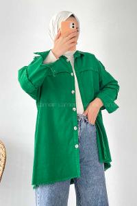 Modalamelif Önü Düğmeli Püskül Detaylı Yıkamalı Gömlek Yeşil