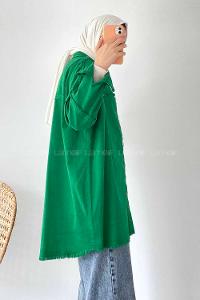 Modalamelif Önü Düğmeli Püskül Detaylı Yıkamalı Gömlek Yeşil