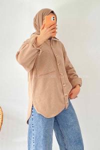 Modalamelif Tek Cepli Boydan Düğme Detaylı Kaşe Gömlek Bej