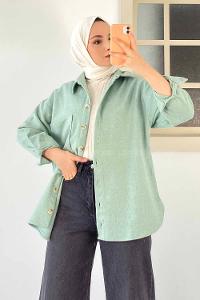 Modalamelif Tek Cepli Boydan Düğme Detaylı Kaşe Gömlek Mint Yeşili