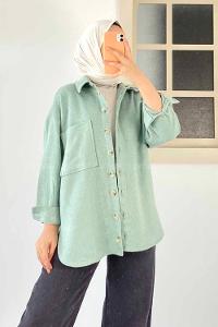 Modalamelif Tek Cepli Boydan Düğme Detaylı Kaşe Gömlek Mint Yeşili