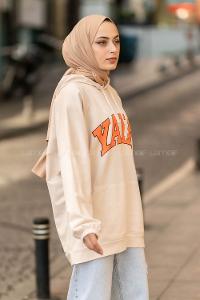 Modalamelif Yale Yazı Baskılı Kapüşon Detaylı Kanguru Cepli Sweat Bej