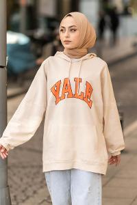 Modalamelif Yale Yazı Baskılı Kapüşon Detaylı Kanguru Cepli Sweat Bej