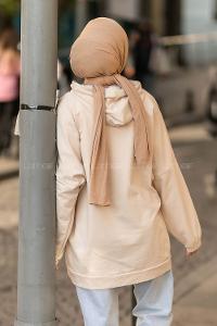 Modalamelif Yale Yazı Baskılı Kapüşon Detaylı Kanguru Cepli Sweat Bej