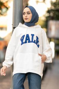 Modalamelif Yale Yazı Baskılı Kapüşon Detaylı Kanguru Cepli Sweat Beyaz