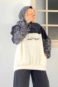Modalamelif Yarım Fermuar Detaylı Zebra Desen Garnli Peluş Polar Antrasit-Ekru
