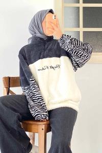 Modalamelif Yarım Fermuar Detaylı Zebra Desen Garnli Peluş Polar Antrasit-Ekru