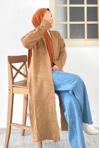 Modalamelif Yırtmaç Detaylı Uzun Triko Hırka Sütlükahve