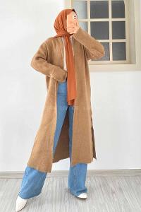 Modalamelif Yırtmaç Detaylı Uzun Triko Hırka Sütlükahve