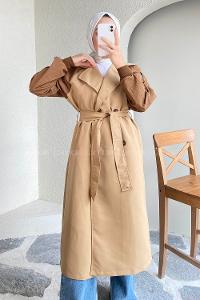 Modalamelif Beli Kuşak Bağlamalı Kol Garnili Trenç Sütlükahve