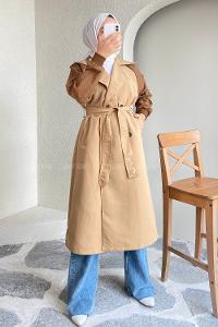 Modalamelif Beli Kuşak Bağlamalı Kol Garnili Trenç Sütlükahve