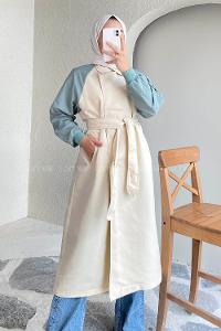 Modalamelif Beli Kuşak Bağlamalı Kol Garnili Trenç Taşrengi