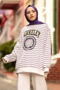 Modalamelif Berkeley Yazı Baskılı Çizgi Desenli Sweat Beyaz-Mor