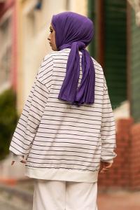 Modalamelif Berkeley Yazı Baskılı Çizgi Desenli Sweat Beyaz-Mor