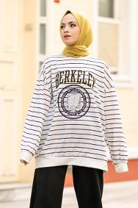 Modalamelif Berkeley Yazı Baskılı Çizgi Desenli Sweat Beyaz-Siyah