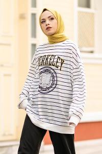 Modalamelif Berkeley Yazı Baskılı Çizgi Desenli Sweat Beyaz-Siyah