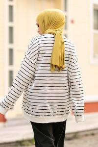 Modalamelif Berkeley Yazı Baskılı Çizgi Desenli Sweat Beyaz-Siyah