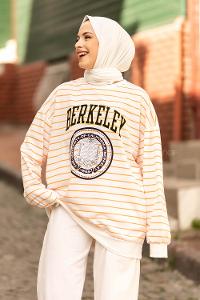 Modalamelif Berkeley Yazı Baskılı Çizgi Desenli Sweat Beyaz-Turuncu