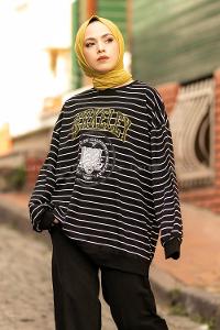 Modalamelif Berkeley Yazı Baskılı Çizgi Desenli Sweat Siyah-Beyaz
