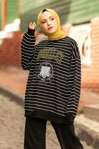 Modalamelif Berkeley Yazı Baskılı Çizgi Desenli Sweat Siyah-Beyaz