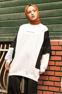 Modalamelif Bisiklet Yaka Kol Garnili Yazı Baskılı Tunik Beyaz-Siyah