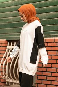 Modalamelif Bisiklet Yaka Kol Garnili Yazı Baskılı Tunik Beyaz-Siyah