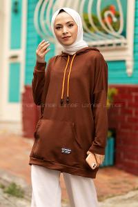 Modalamelif Kapüşon Detaylı Kanguru Cepli Arma Nakışlı Sweat Acıkahve