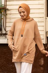 Modalamelif Kapüşon Detaylı Kanguru Cepli Arma Nakışlı Sweat Sütlü Kahve